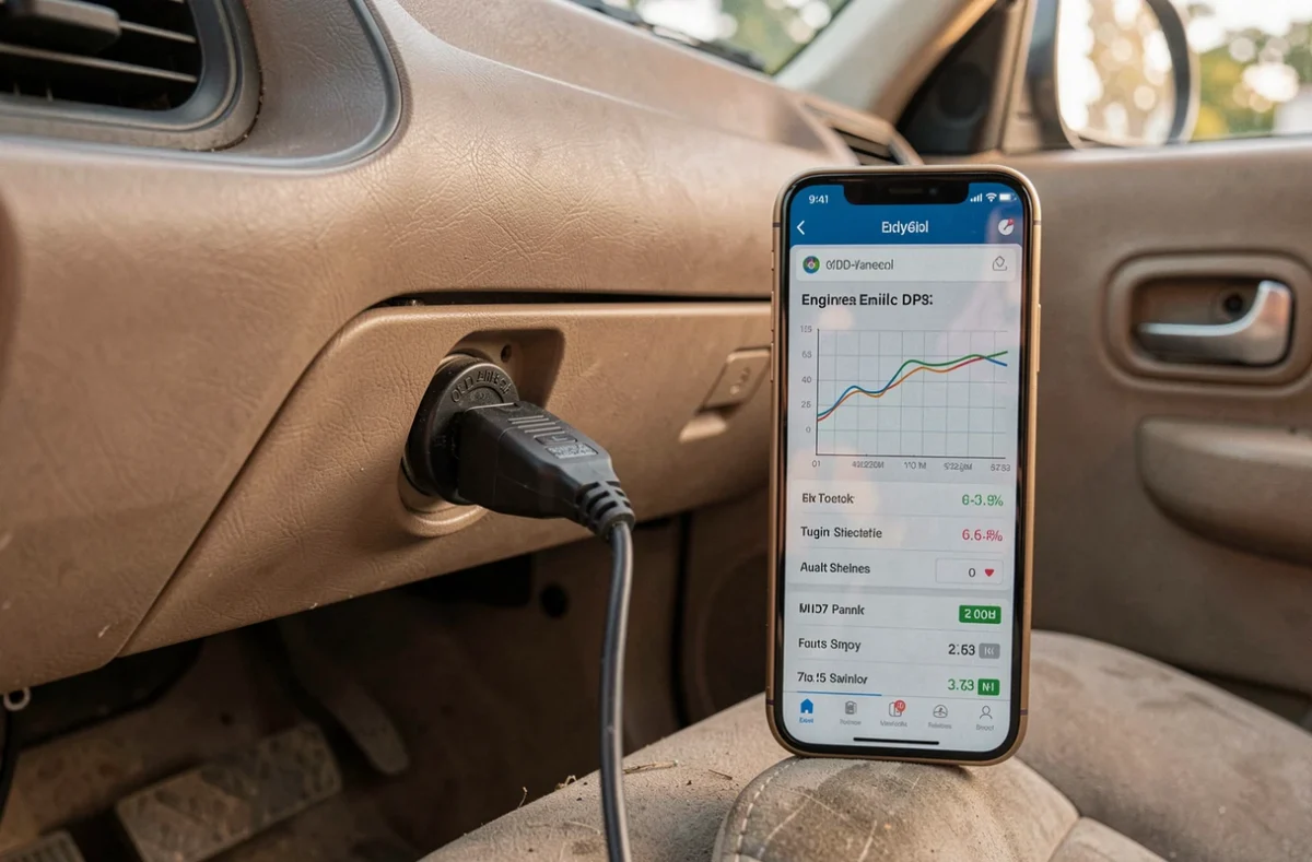 Adaptateur OBD-II connecté au port de diagnostic d'un véhicule avec interface de données moteur en temps réel sur smartphone