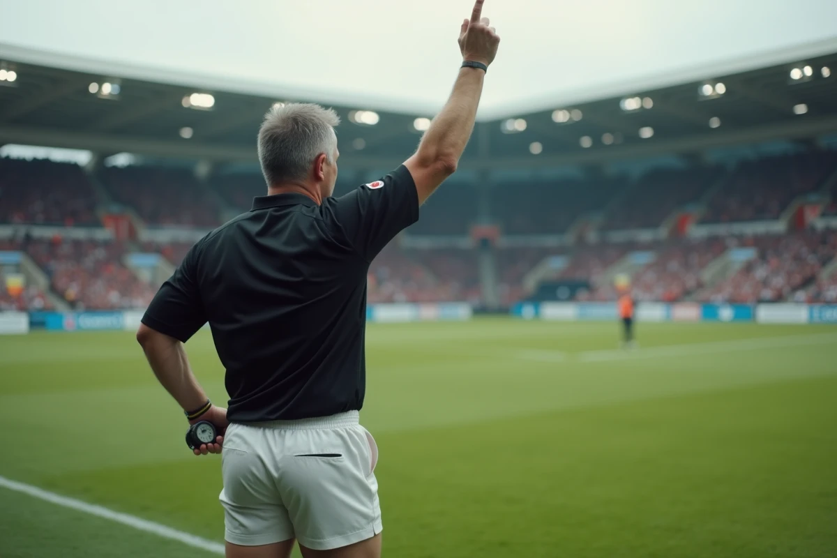Arbitre de rugby sifflant la mi-temps sur un terrain avec chronomètre à la main symbolisant la gestion du temps réglementaire en rugby