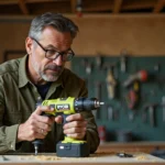 Artisan examinant une perceuse sans fil Ryobi dans un atelier bricolage