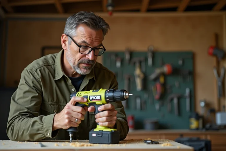 Artisan examinant une perceuse sans fil Ryobi dans un atelier bricolage