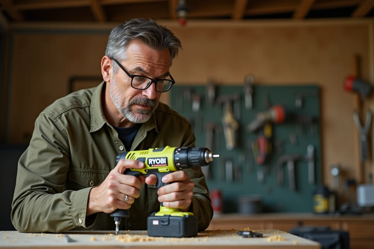 Artisan examinant une perceuse sans fil Ryobi dans un atelier bricolage