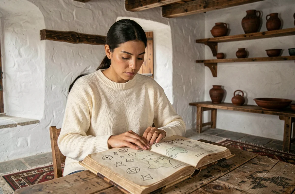 Femme étudiant un journal de symboles mystiques dans une maison de village turque traditionnelle, référence visuelle à l'univers de la série Atiye sur Netflix