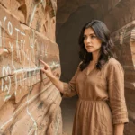 Jeune femme turque explorant une grotte ancienne avec des symboles mystérieux gravés dans la roche, ambiance archéologique pour la série Atiye saison 4 sur Netflix