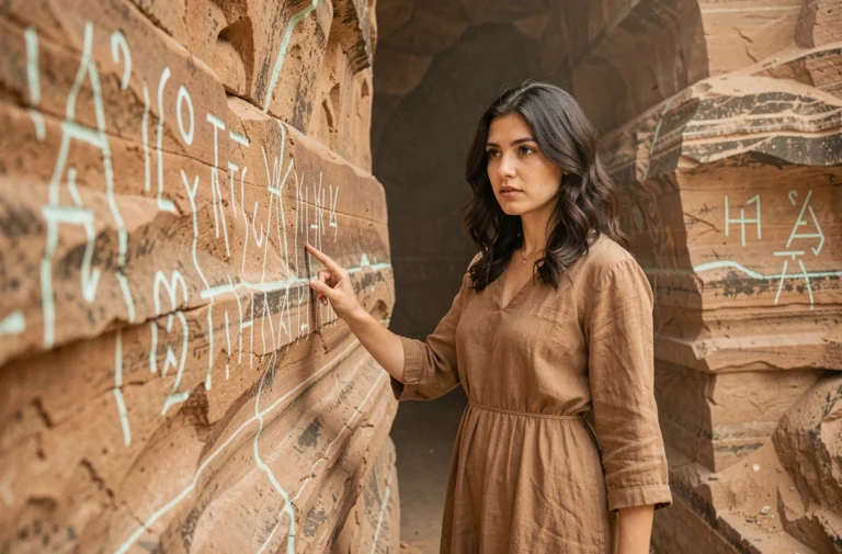 Jeune femme turque explorant une grotte ancienne avec des symboles mystérieux gravés dans la roche, ambiance archéologique pour la série Atiye saison 4 sur Netflix