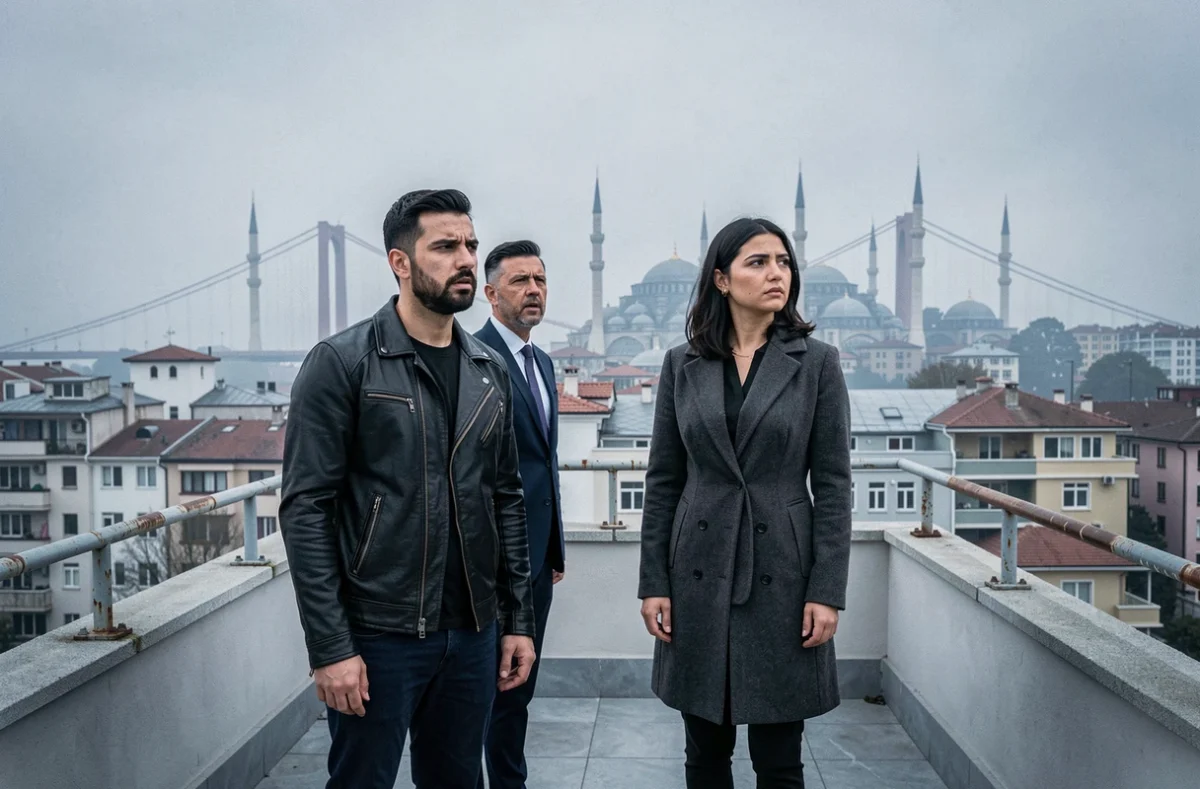 Trois personnages en tenue urbaine sur un toit d'Istanbul avec le skyline en arrière-plan, évoquant l'atmosphère de la série turque Atiye saison 4