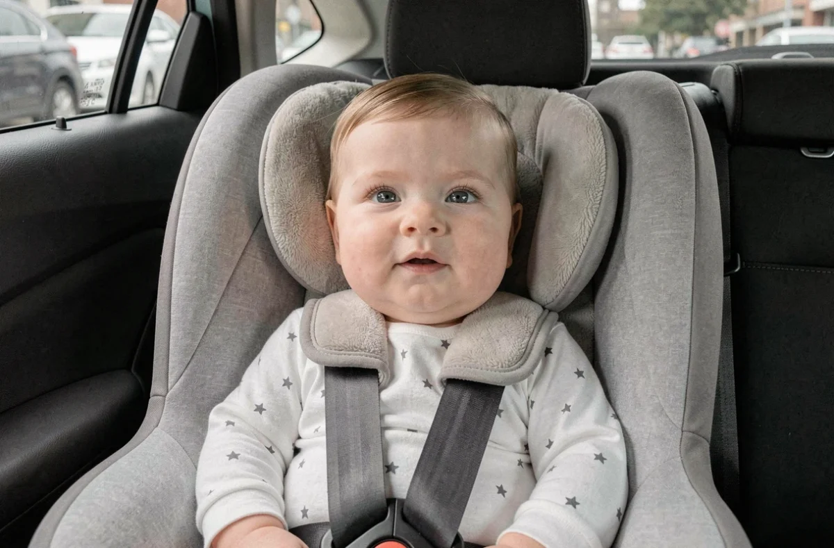Bébé de 5 mois installé dans un cosy avec réducteur dans l'habitacle d'une voiture moderne