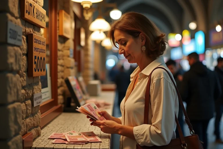 Femme échangeant des euros contre des livres turques dans un bureau de change du Grand Bazar d'Istanbul