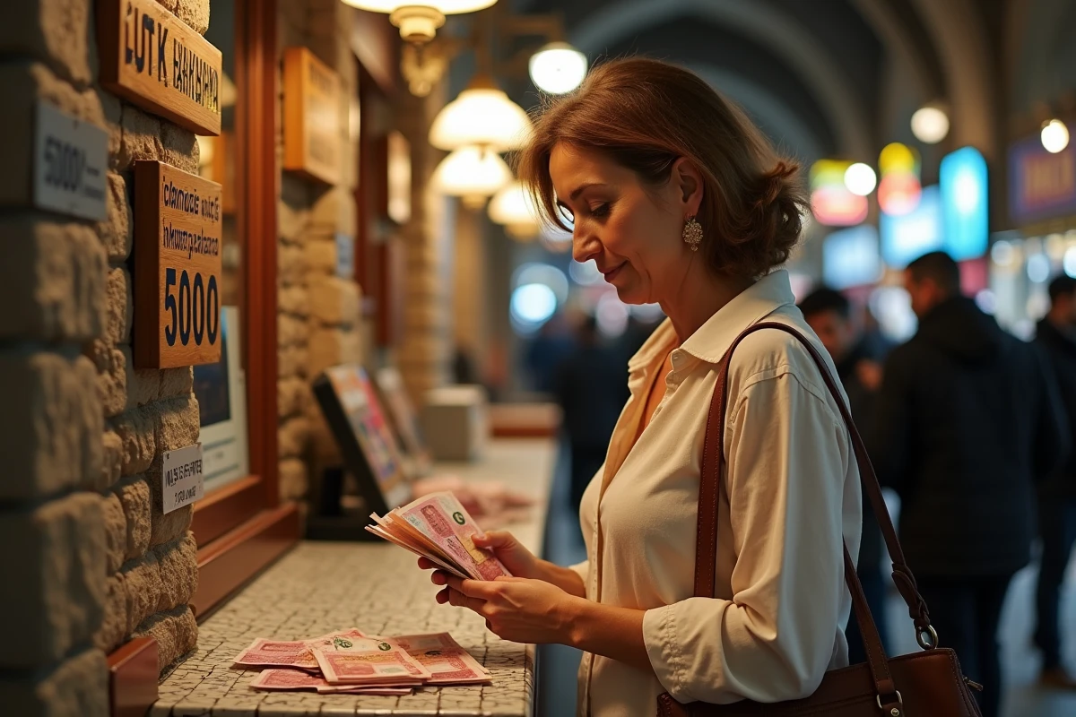 Femme échangeant des euros contre des livres turques dans un bureau de change du Grand Bazar d'Istanbul