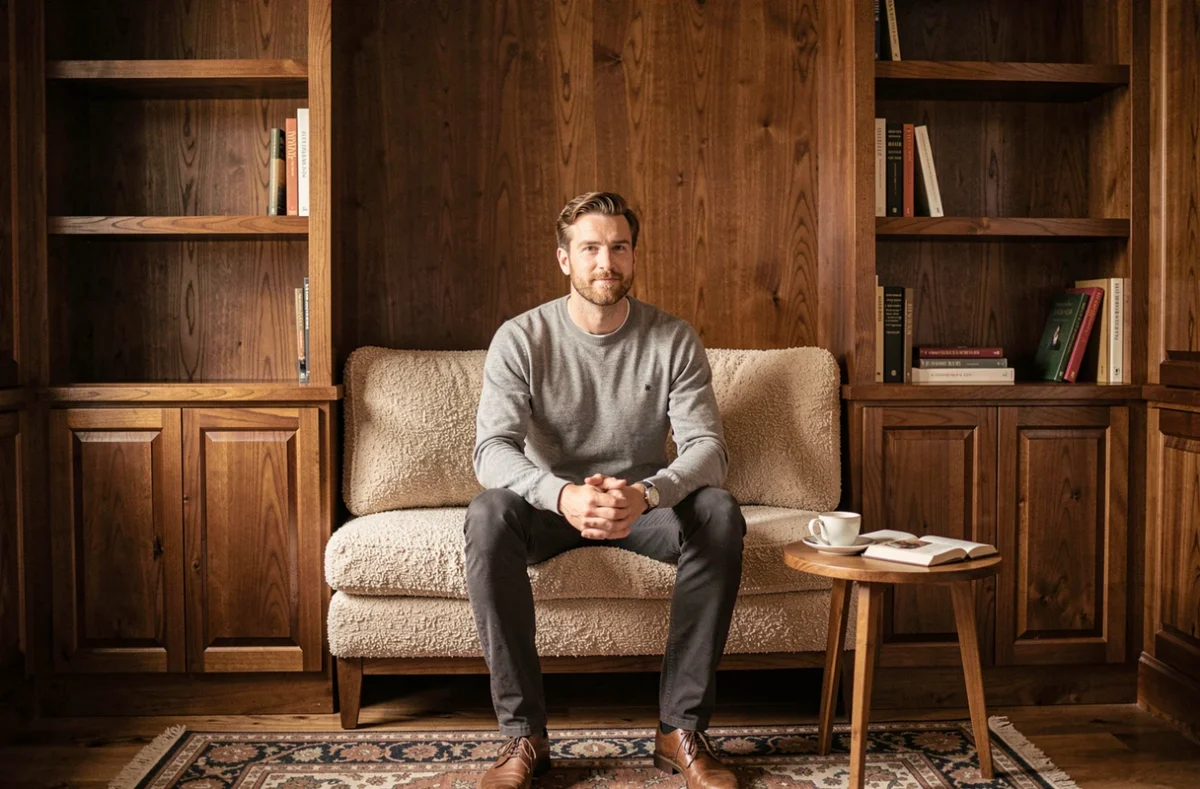 Homme installé dans un coin lecture sur mesure avec banquette en bouclé et bibliothèque encastrée en noyer dans une maison cosy