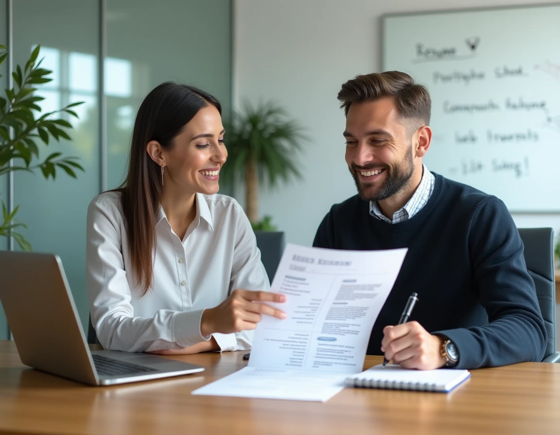 Deux collègues collaborant sur la valorisation des compétences informatiques d'un CV en salle de réunion