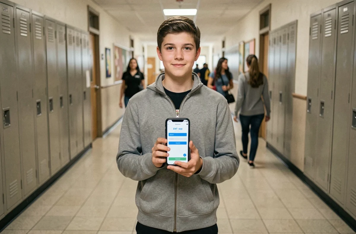 Collégien consultant l'ENT sur son smartphone dans le couloir de son établissement scolaire avant le début des cours