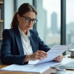 Comptable professionnelle analysant des relevés bancaires et un grand livre comptable dans un bureau moderne, illustrant la gestion du compte 513 en comptabilité