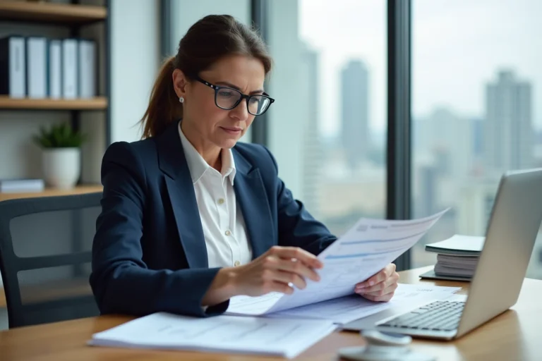 Comptable professionnelle analysant des relevés bancaires et un grand livre comptable dans un bureau moderne, illustrant la gestion du compte 513 en comptabilité