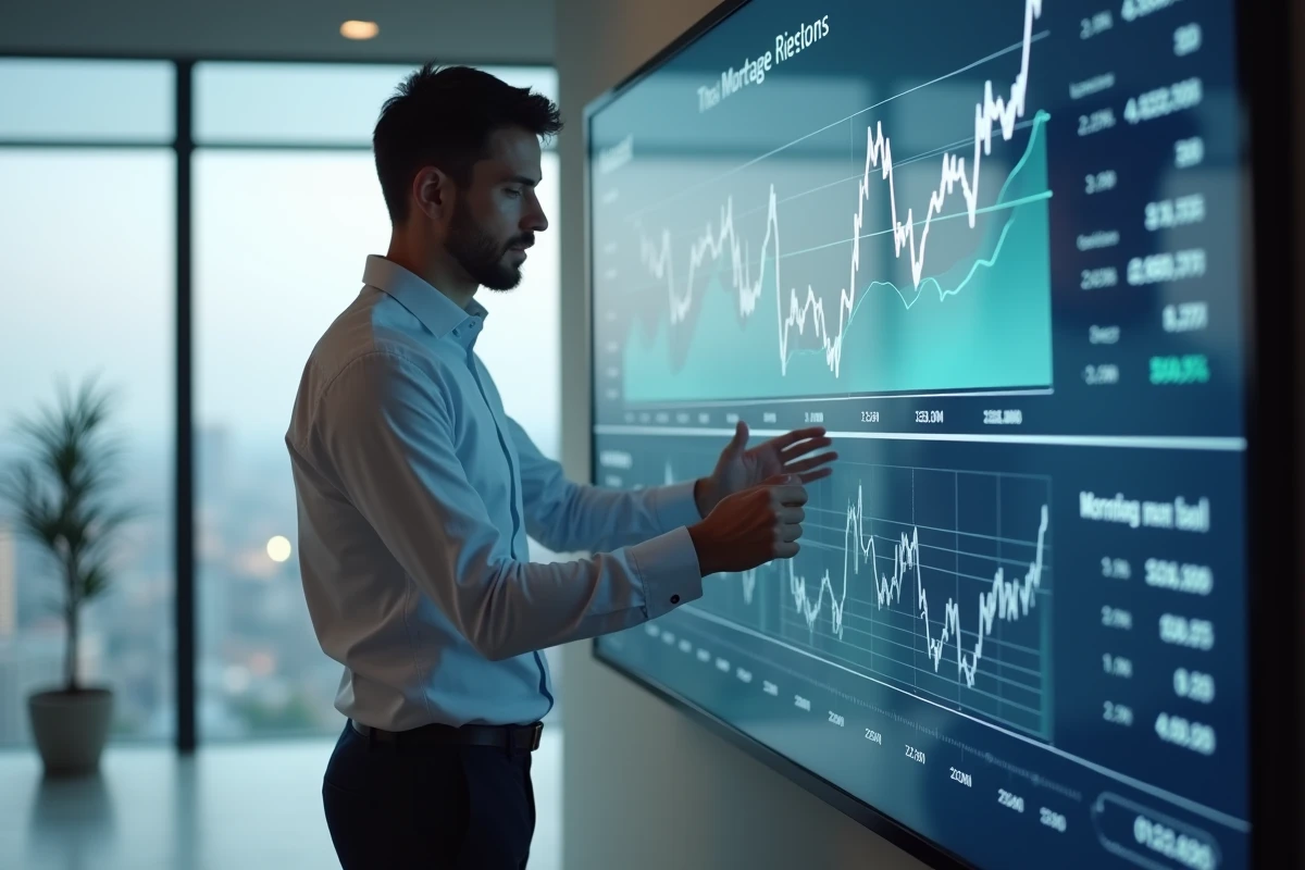 Conseiller financier présentant une comparaison des taux de crédit immobilier sur écran interactif