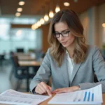 Conseillère bancaire analysant des documents de taux de crédit immobilier dans une agence moderne