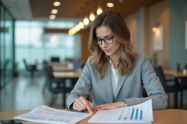 Conseillère bancaire analysant des documents de taux de crédit immobilier dans une agence moderne