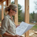 Femme architecte inspectant les plans d'une maison écologique en bois et paille en cours de construction