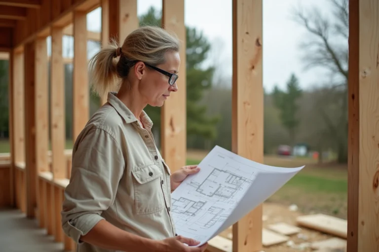 Femme architecte inspectant les plans d'une maison écologique en bois et paille en cours de construction