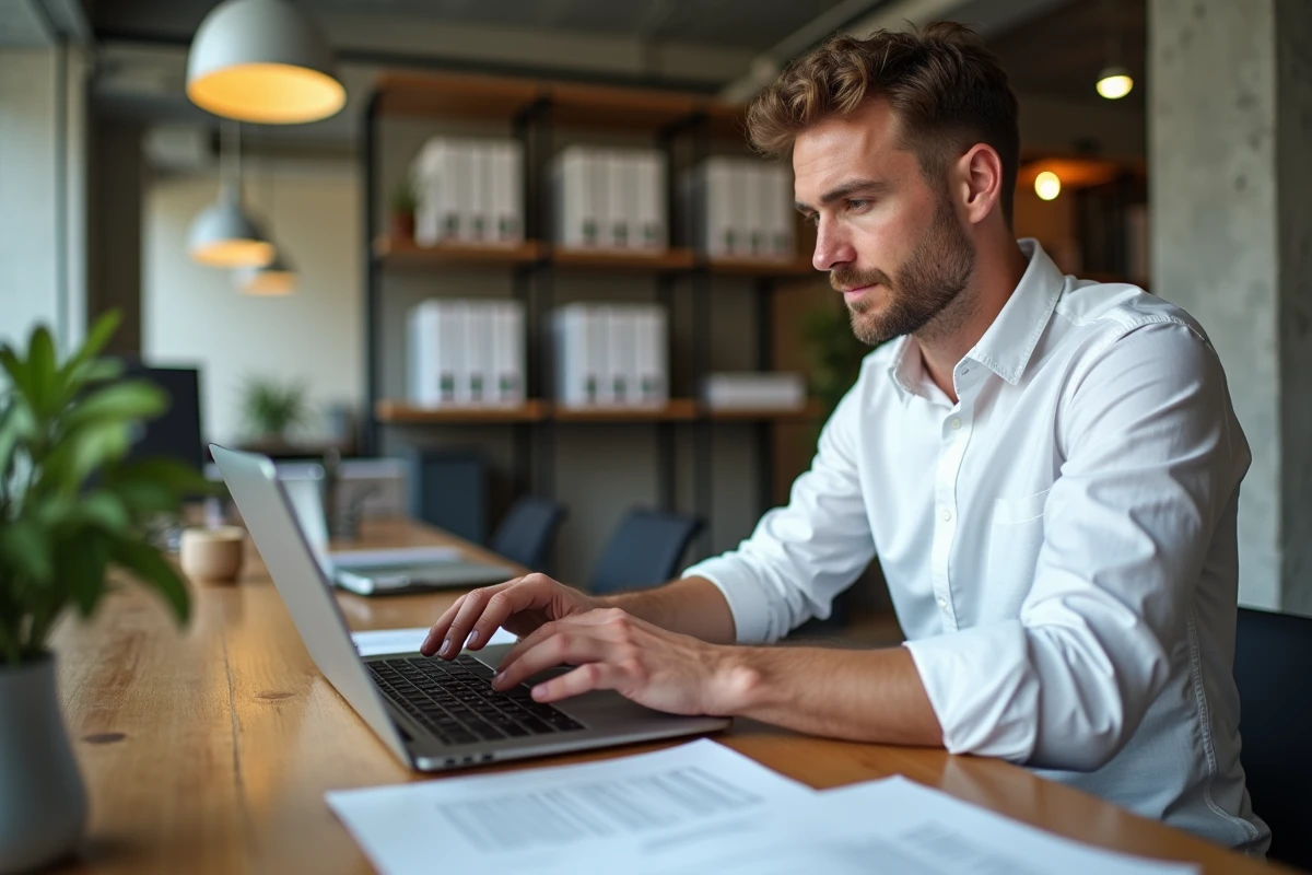 Agent immobilier consultant les mentions légales réglementaires sur un site immobilier depuis un espace de coworking
