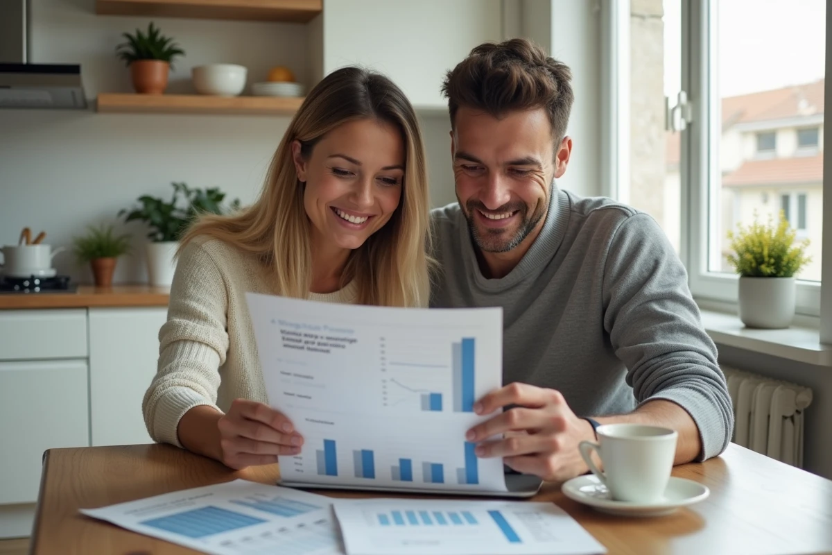 Couple comparant les offres de taux de crédit immobilier sur ordinateur portable à domicile