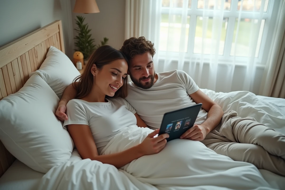 Couple regardant ensemble des films en streaming légal sur tablette dans leur chambre cosy
