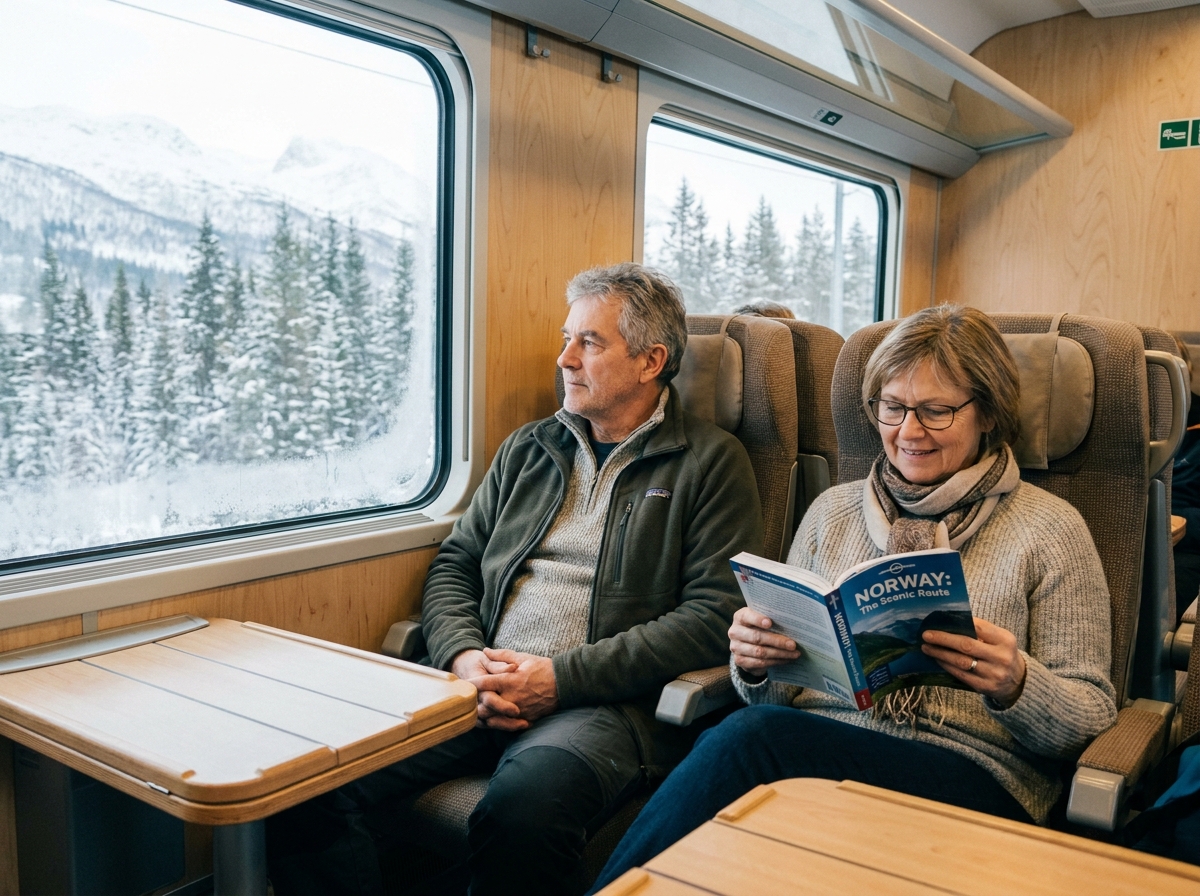 Couple dans un train norvegien regardant par la fenêtre