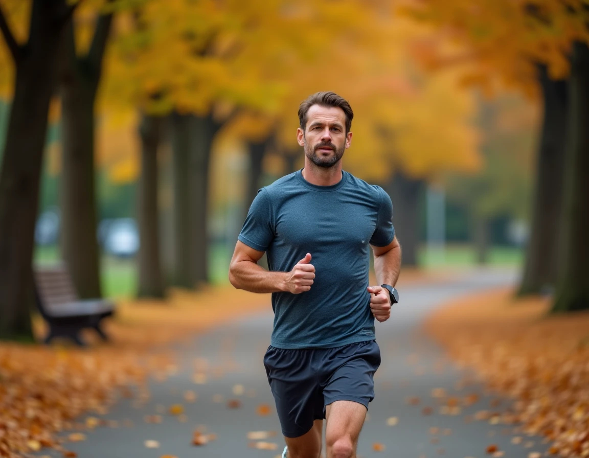 Homme en train de courir dans un parc urbain en automne, illustrant l'équilibre entre activité physique et bien-être dans la vie quotidienne