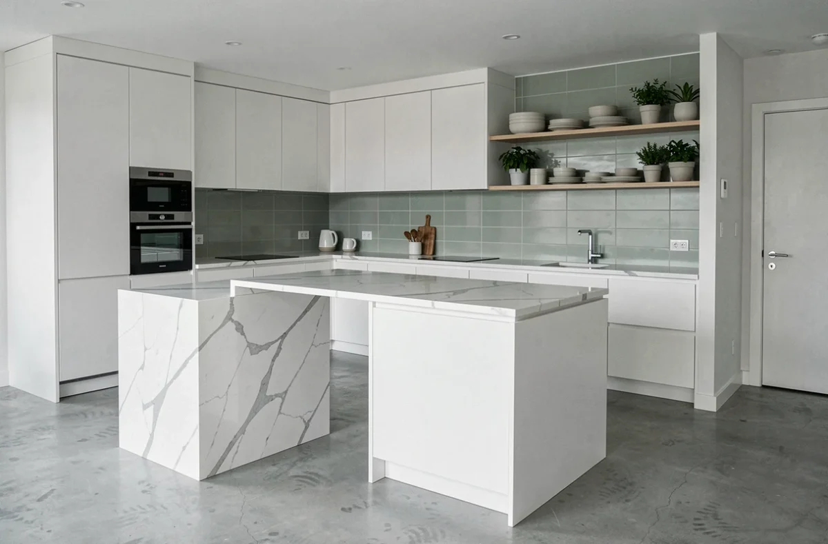 Cuisine sur mesure minimaliste avec îlot en marbre de Carrare et crédence en carrelage vert sauge dans un appartement moderne