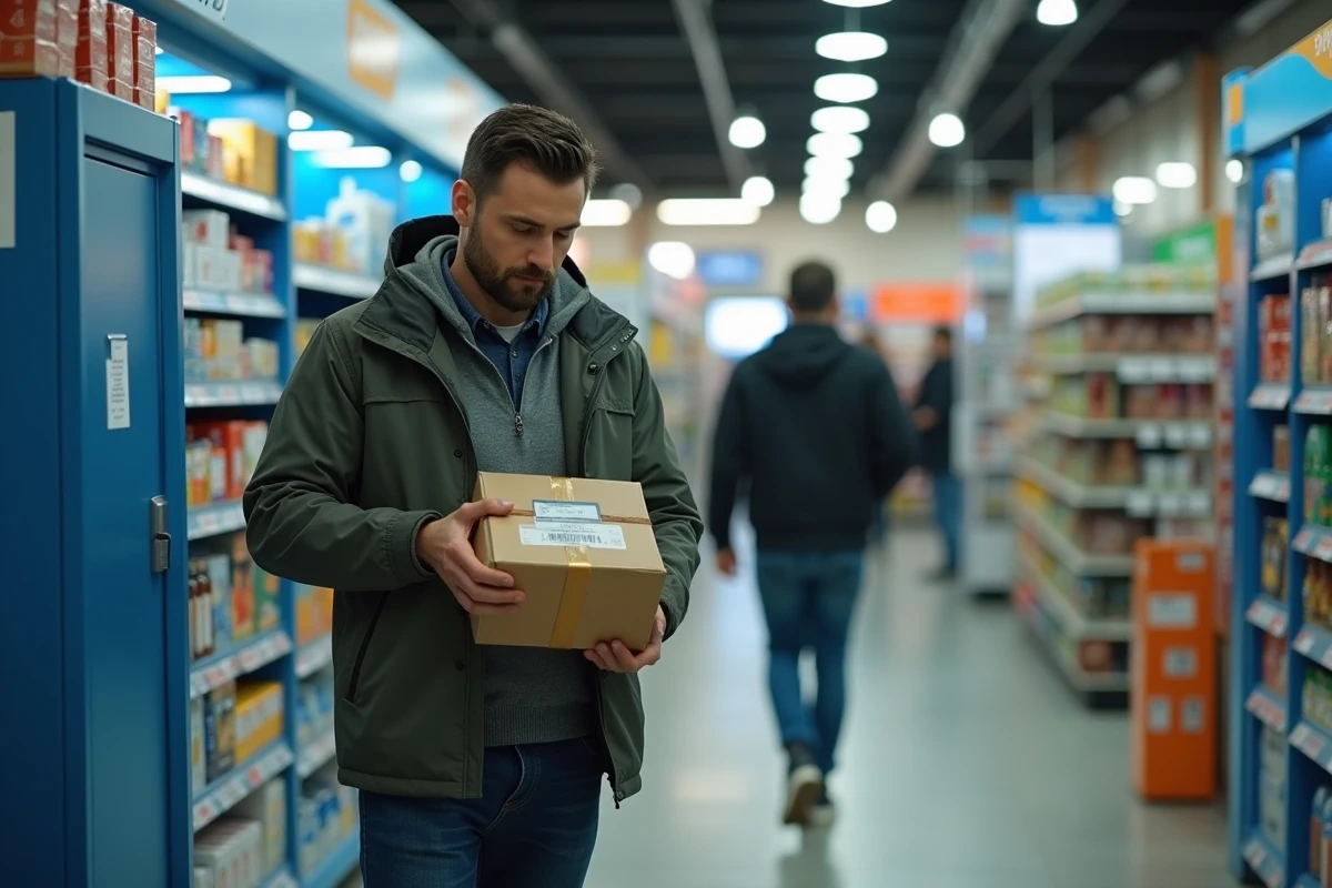Homme déposant un colis dans un point relais Vinted Go en magasin de proximité urbain, scan d'étiquette d'expédition
