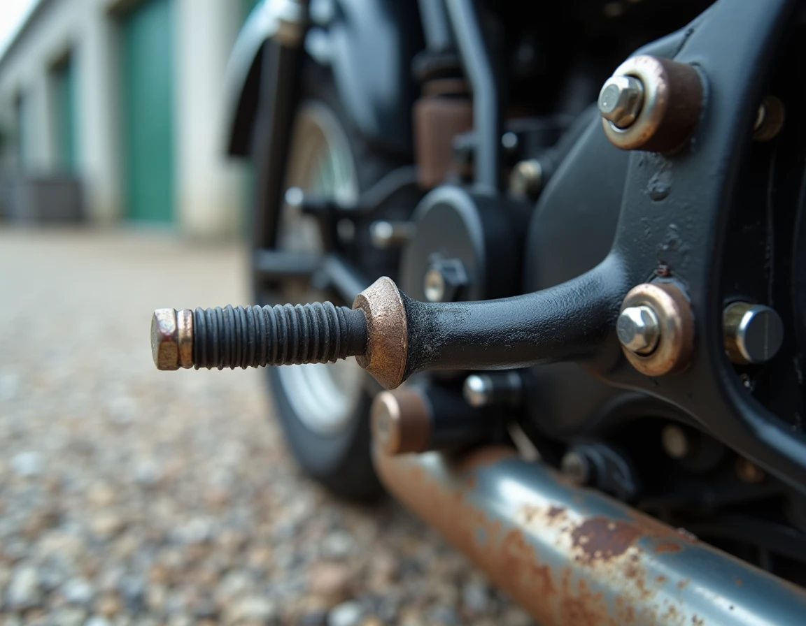 Détail des fixations métalliques reliant un side-car au cadre d'une moto