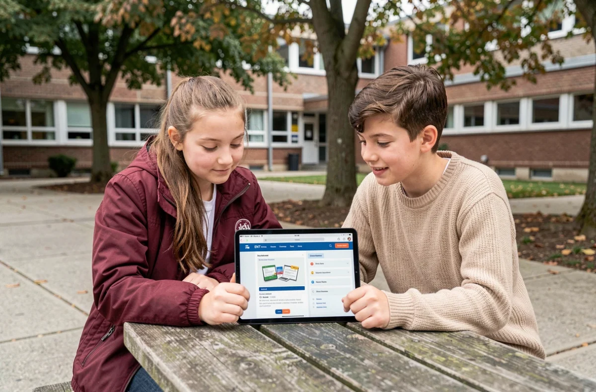 Deux élèves consultant ensemble l'ENT sur une tablette dans la cour de leur établissement scolaire pour préparer leurs cours
