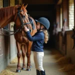 Jeune fille en tenue d'équitation caressant un cheval alezan dans une écurie en bois lors d'une colonie de vacances équitation