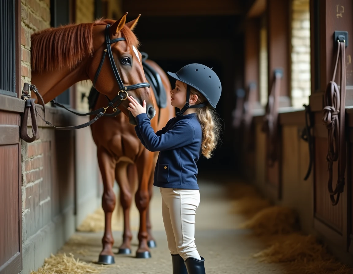 Jeune fille en tenue d'équitation caressant un cheval alezan dans une écurie en bois lors d'une colonie de vacances équitation