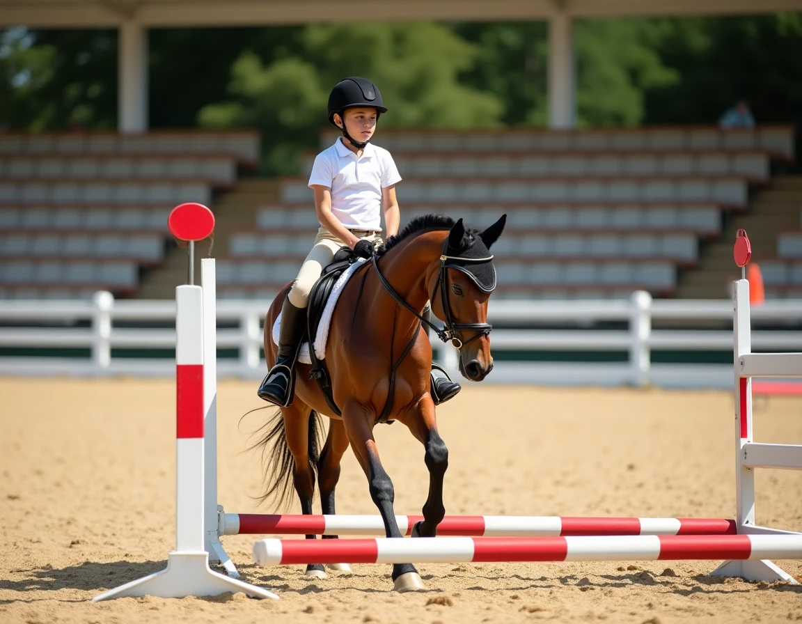 Garçon en tenue d'équitation sautant un obstacle dans une carrière lors d'une colonie de vacances cheval en été