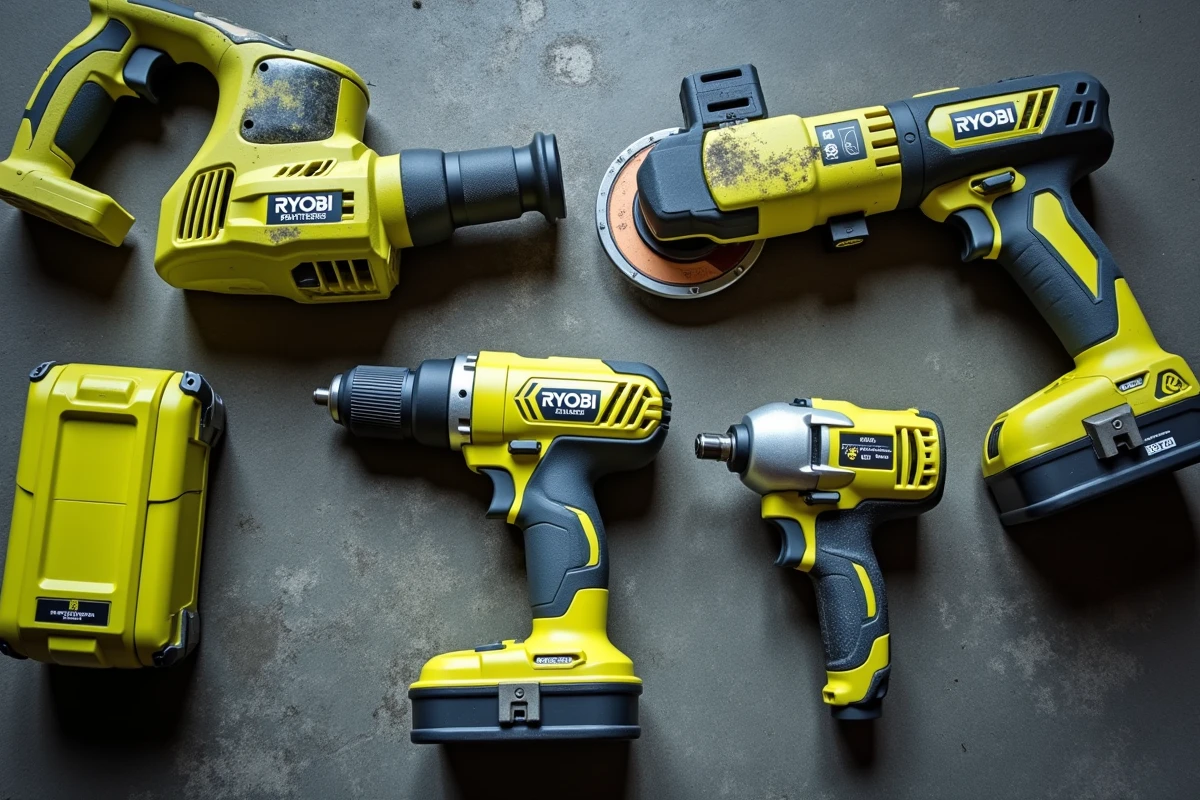 Ensemble d'outils électroportatifs Ryobi disposés sur un sol en béton pour comparaison