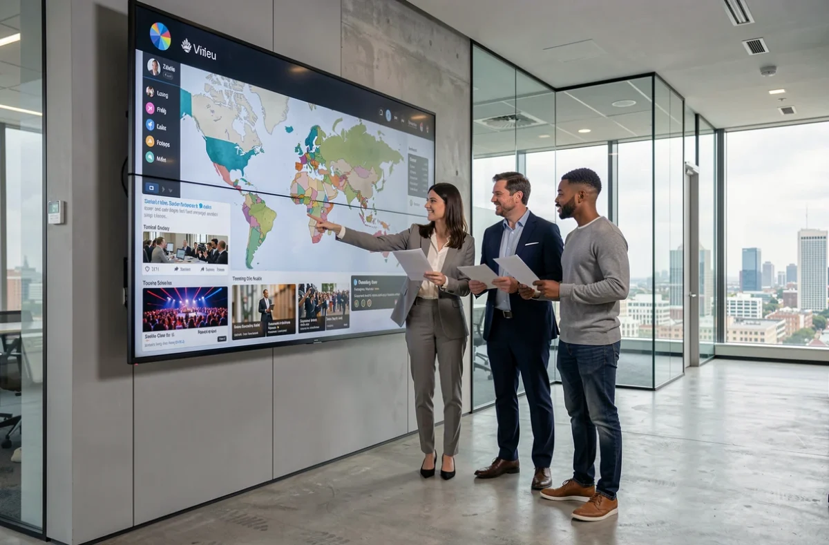 Équipe de journalistes analysant des tendances d'actualité sur un écran interactif dans un hub médiatique moderne