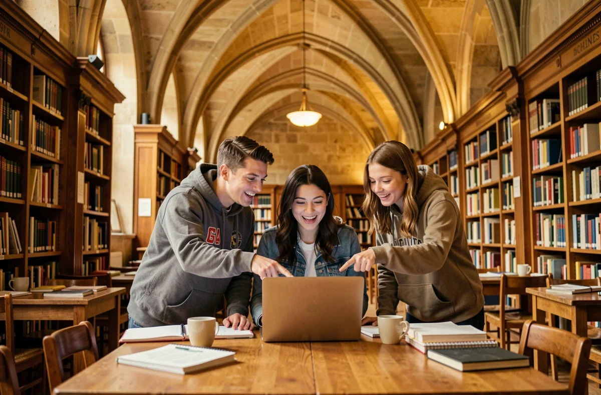 Groupe d'étudiants universitaires partageant des informations numériques sur un ordinateur portable dans une bibliothèque