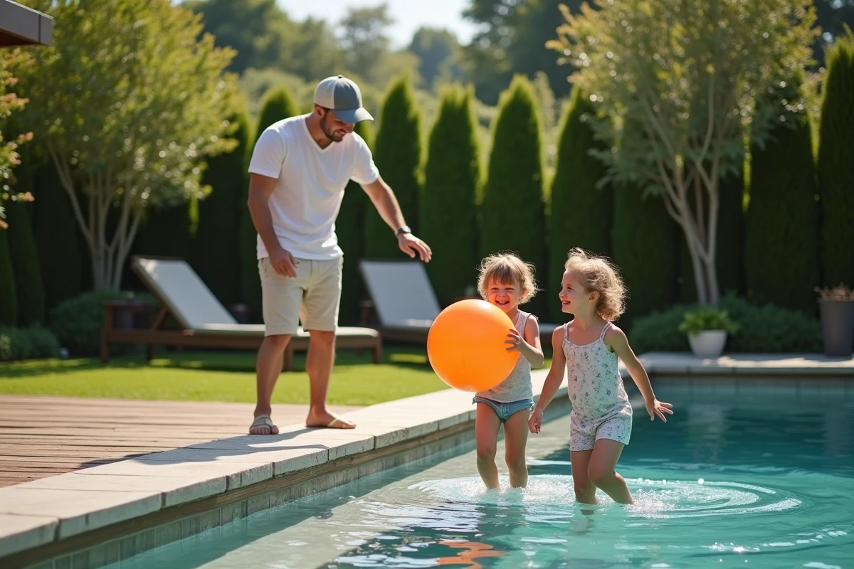 Famille jouant près de la piscine en été