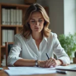 Femme concentrée examinant des papiers dans un bureau moderne