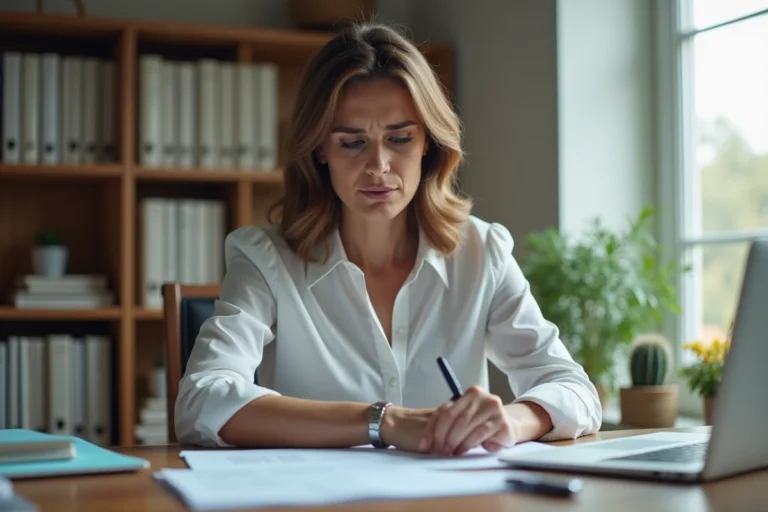 Femme concentrée examinant des papiers dans un bureau moderne