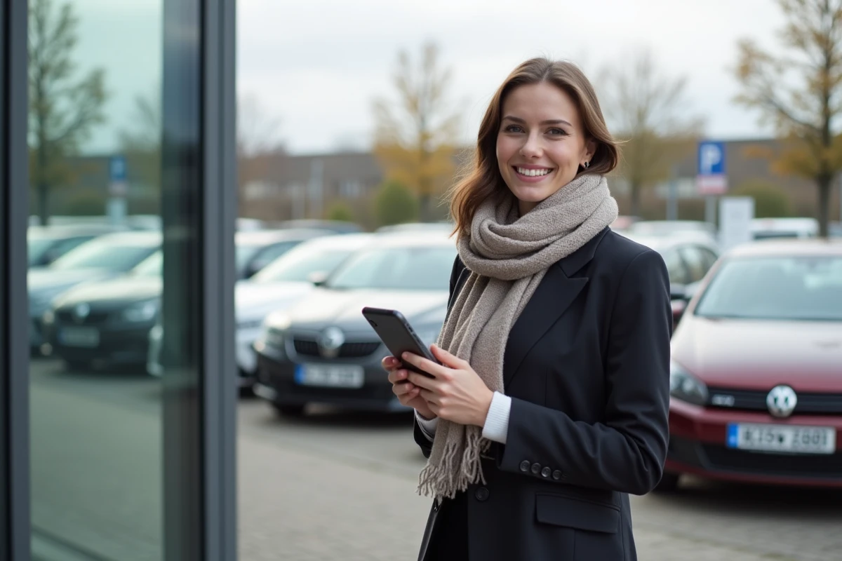 Femme souriante avec checklist devant voitures d