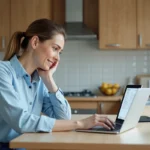 Femme souriante vérifiant une facture digitale dans sa cuisine