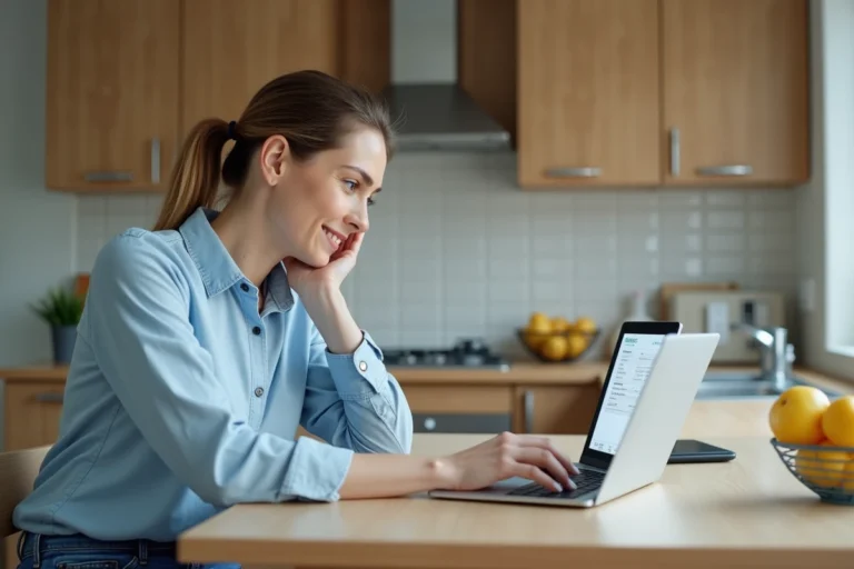 Femme souriante vérifiant une facture digitale dans sa cuisine
