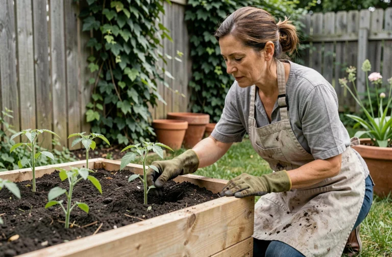 Femme d'âge mûr plantant des jeunes plants de tomates dans un potager surélevé en bois dans un jardin de banlieue au printemps