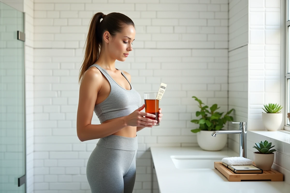Femme lisant le mode d'emploi du thé détox Lulutox dans une salle de bain moderne avec verre de thé ambré