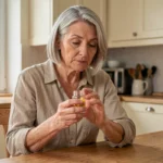Femme d'une cinquantaine d'années examinant un complément alimentaire pour cheveux à la ménopause dans une cuisine chaleureuse