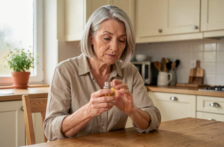 Femme d'une cinquantaine d'années examinant un complément alimentaire pour cheveux à la ménopause dans une cuisine chaleureuse
