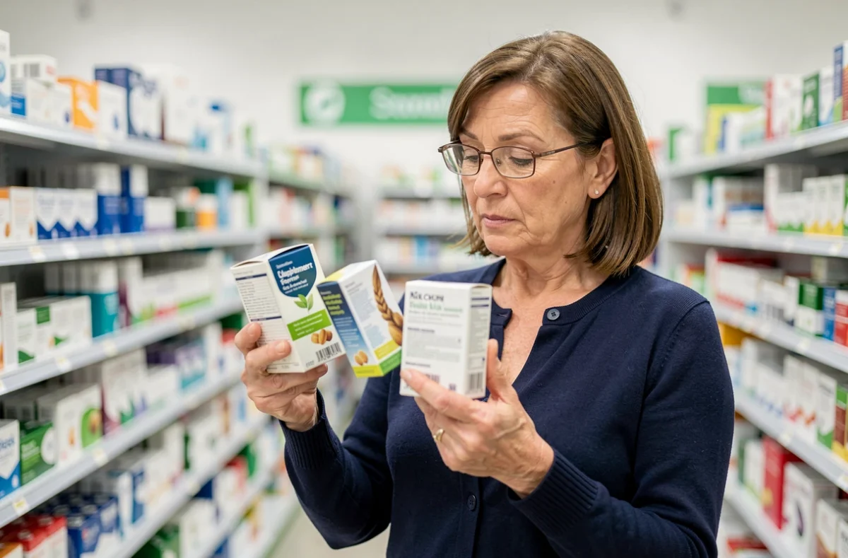 Femme ménopausée comparant des compléments alimentaires pour cheveux dans une pharmacie, lecture des étiquettes