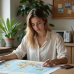 Jeune femme planifiant son voyage avec carte et passeport