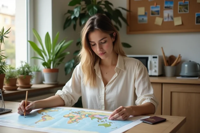 Jeune femme planifiant son voyage avec carte et passeport